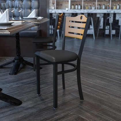 BLNK - HERCULES Series Black Metal Slat Back Restaurant Chair with Natural Wood Back and Vinyl Seat