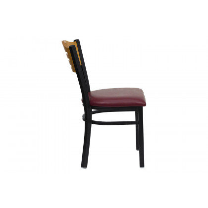 BLNK HERCULES Series Black Metal Slat Back Restaurant Chair with Natural Wood Back and Vinyl Seat - Burgundy