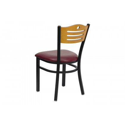 BLNK HERCULES Series Black Metal Slat Back Restaurant Chair with Natural Wood Back and Vinyl Seat - Burgundy
