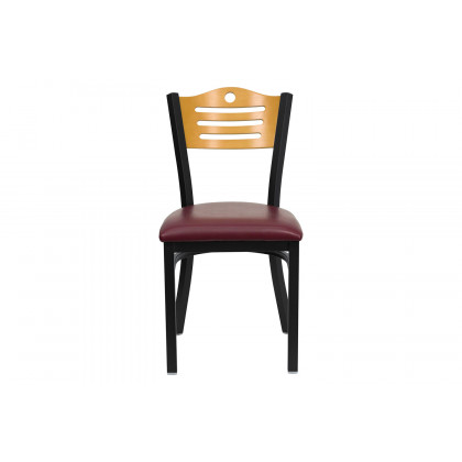 BLNK HERCULES Series Black Metal Slat Back Restaurant Chair with Natural Wood Back and Vinyl Seat - Burgundy