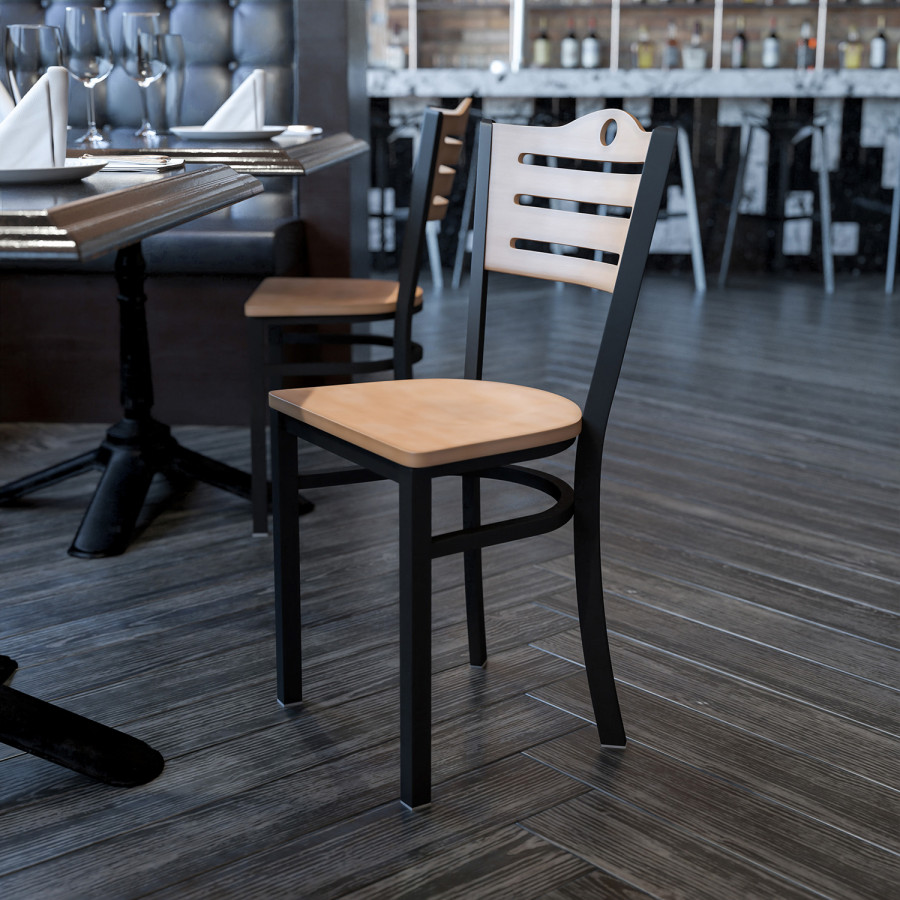 BLNK HERCULES Series Black Metal Slat Back Restaurant Chair with Wood Back and Seat - Natural
