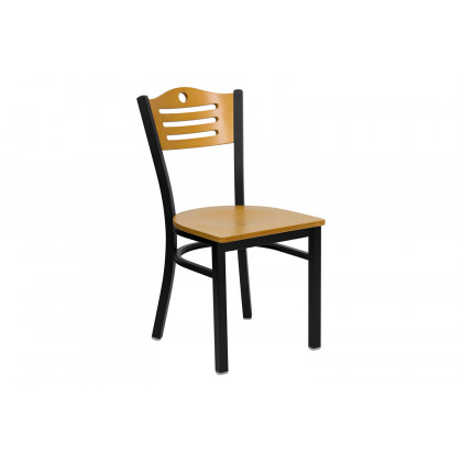BLNK HERCULES Series Black Metal Slat Back Restaurant Chair with Wood Back and Seat - Natural