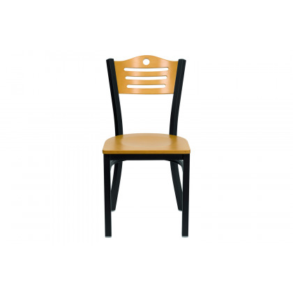 BLNK HERCULES Series Black Metal Slat Back Restaurant Chair with Wood Back and Seat - Natural