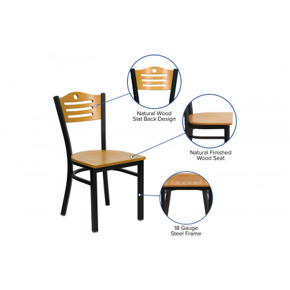 BLNK HERCULES Series Black Metal Slat Back Restaurant Chair with Wood Back and Seat - Natural