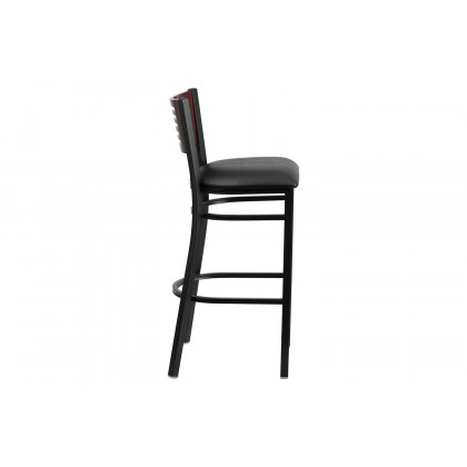 BLNK HERCULES Series Black Metal Slat Back Restaurant Bar Stool with Mahogany Wood Back and Vinyl Seat - Black