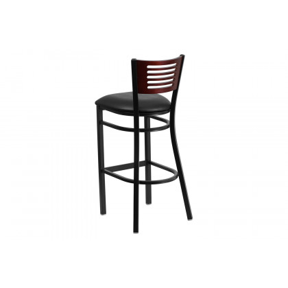 BLNK HERCULES Series Black Metal Slat Back Restaurant Bar Stool with Mahogany Wood Back and Vinyl Seat - Black