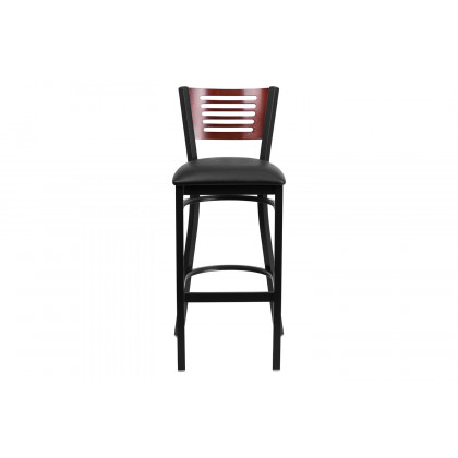 BLNK HERCULES Series Black Metal Slat Back Restaurant Bar Stool with Mahogany Wood Back and Vinyl Seat - Black