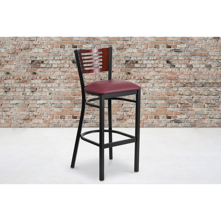 BLNK HERCULES Series Black Metal Slat Back Restaurant Bar Stool with Mahogany Wood Back and Vinyl Seat - Burgundy