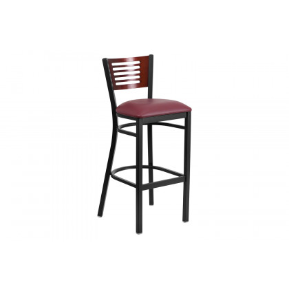 BLNK HERCULES Series Black Metal Slat Back Restaurant Bar Stool with Mahogany Wood Back and Vinyl Seat - Burgundy