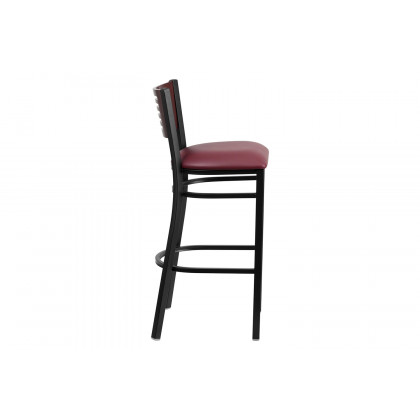 BLNK HERCULES Series Black Metal Slat Back Restaurant Bar Stool with Mahogany Wood Back and Vinyl Seat - Burgundy