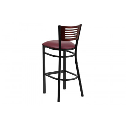 BLNK HERCULES Series Black Metal Slat Back Restaurant Bar Stool with Mahogany Wood Back and Vinyl Seat - Burgundy