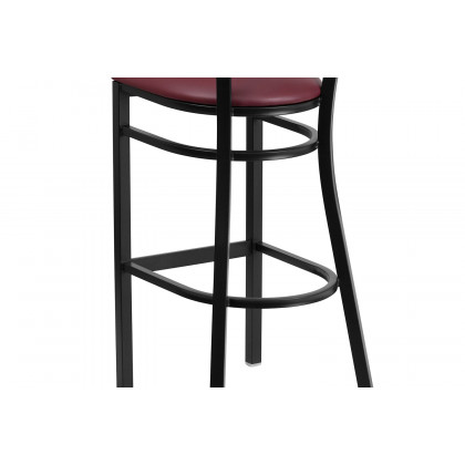 BLNK HERCULES Series Black Metal Slat Back Restaurant Bar Stool with Mahogany Wood Back and Vinyl Seat - Burgundy