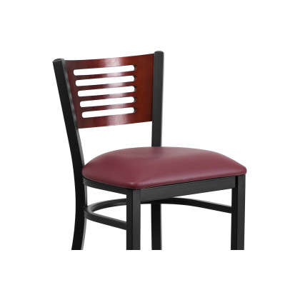 BLNK HERCULES Series Black Metal Slat Back Restaurant Bar Stool with Mahogany Wood Back and Vinyl Seat - Burgundy