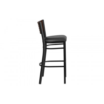 BLNK HERCULES Series Black Metal Slat Back Restaurant Bar Stool with Walnut Wood Back and Vinyl Seat - Black