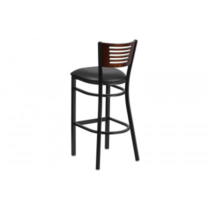 BLNK HERCULES Series Black Metal Slat Back Restaurant Bar Stool with Walnut Wood Back and Vinyl Seat - Black