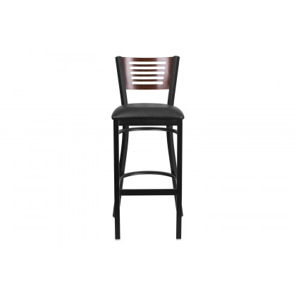 BLNK HERCULES Series Black Metal Slat Back Restaurant Bar Stool with Walnut Wood Back and Vinyl Seat - Black