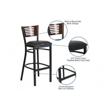 BLNK HERCULES Series Black Metal Slat Back Restaurant Bar Stool with Walnut Wood Back and Vinyl Seat - Black