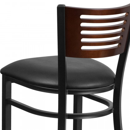 BLNK HERCULES Series Black Metal Slat Back Restaurant Bar Stool with Walnut Wood Back and Vinyl Seat - Black