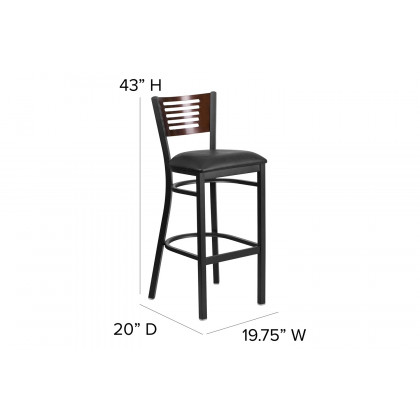 BLNK HERCULES Series Black Metal Slat Back Restaurant Bar Stool with Walnut Wood Back and Vinyl Seat - Black