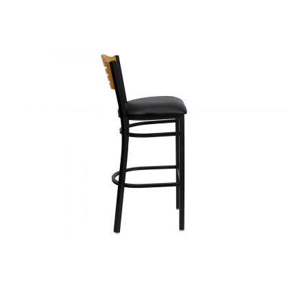 BLNK HERCULES Series Black Metal Slat Back Restaurant Bar Stool with Natural Wood Back and Vinyl Seat - Black