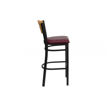 BLNK HERCULES Series Black Metal Slat Back Restaurant Bar Stool with Natural Wood Back and Vinyl Seat - Burgundy
