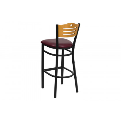 BLNK HERCULES Series Black Metal Slat Back Restaurant Bar Stool with Natural Wood Back and Vinyl Seat - Burgundy