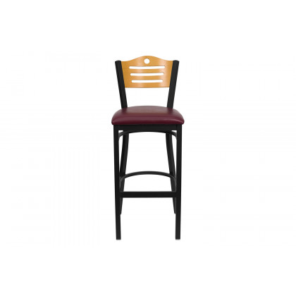 BLNK HERCULES Series Black Metal Slat Back Restaurant Bar Stool with Natural Wood Back and Vinyl Seat - Burgundy