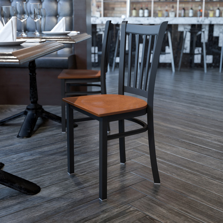 BLNK HERCULES Series Black Metal Vertical Back Restaurant Chair with Wood Seat - Cherry