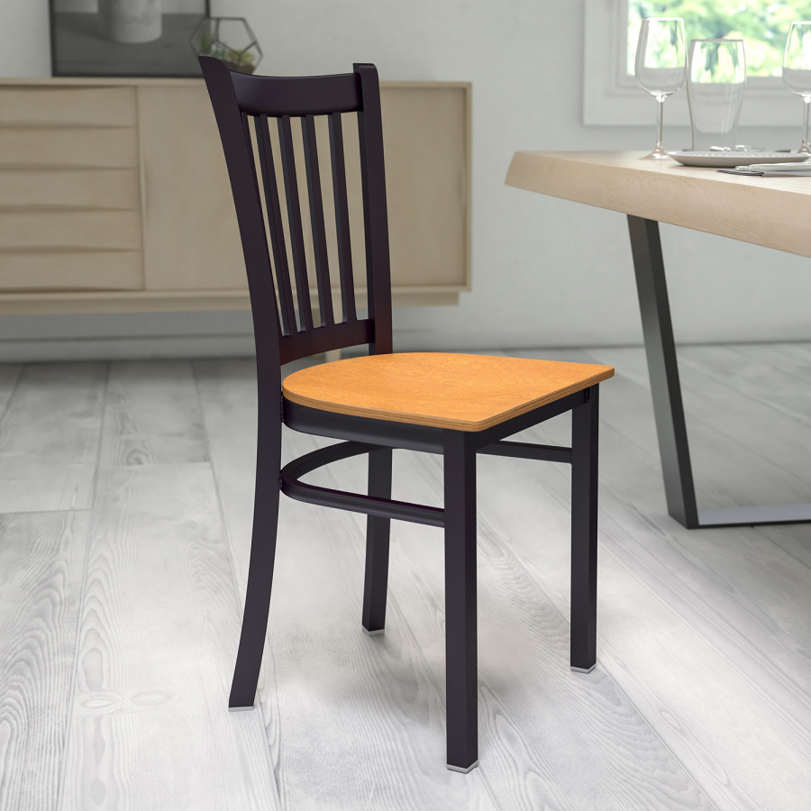 BLNK HERCULES Series Black Metal Vertical Back Restaurant Chair with Wood Seat - Natural