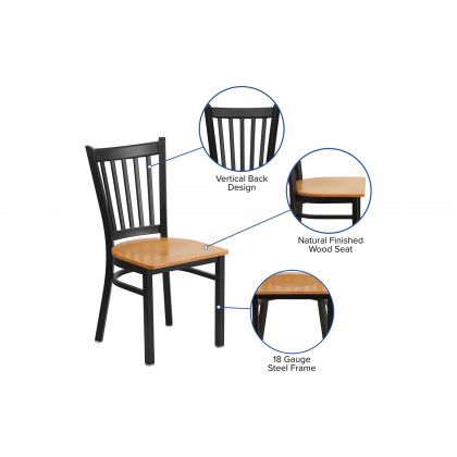 BLNK HERCULES Series Black Metal Vertical Back Restaurant Chair with Wood Seat - Natural