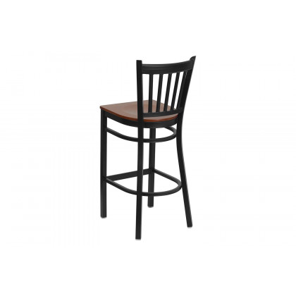 BLNK HERCULES Series Black Metal Vertical Back Restaurant Bar Stool with Wood Seat - Cherry