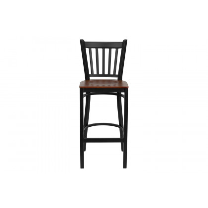 BLNK HERCULES Series Black Metal Vertical Back Restaurant Bar Stool with Wood Seat - Cherry