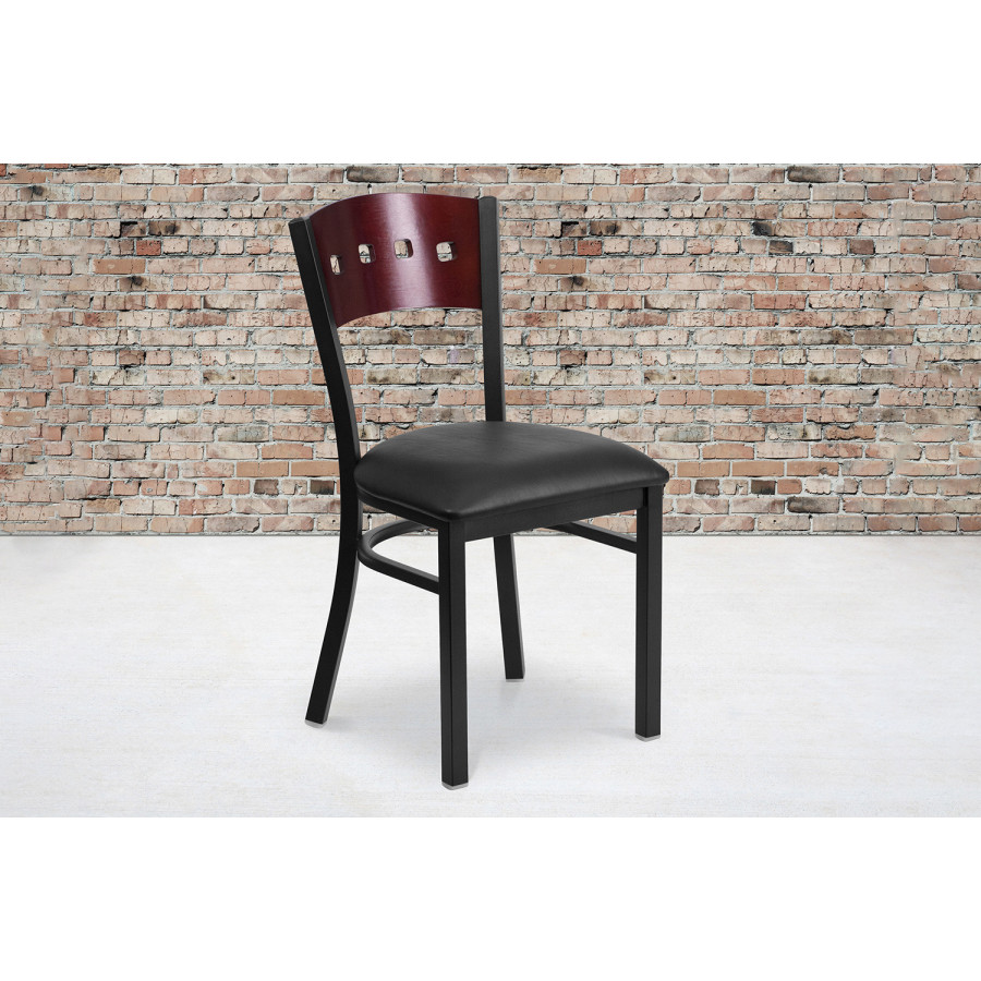 BLNK - HERCULES Series Black Metal 4 Square Back Restaurant Chair with Mahogany Wood Back and Vinyl Seat