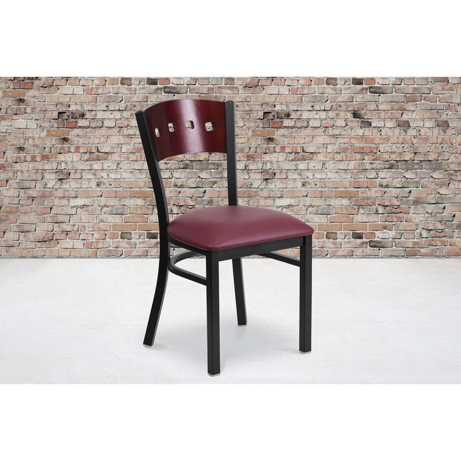 BLNK HERCULES Series Black Metal 4 Square Back Restaurant Chair with Mahogany Wood Back and Vinyl Seat - Burgundy