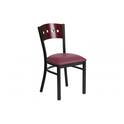 BLNK HERCULES Series Black Metal 4 Square Back Restaurant Chair with Mahogany Wood Back and Vinyl Seat - Burgundy