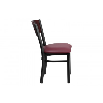 BLNK HERCULES Series Black Metal 4 Square Back Restaurant Chair with Mahogany Wood Back and Vinyl Seat - Burgundy