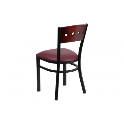 BLNK HERCULES Series Black Metal 4 Square Back Restaurant Chair with Mahogany Wood Back and Vinyl Seat - Burgundy