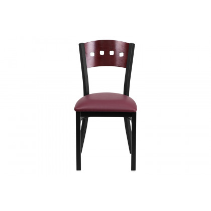 BLNK HERCULES Series Black Metal 4 Square Back Restaurant Chair with Mahogany Wood Back and Vinyl Seat - Burgundy