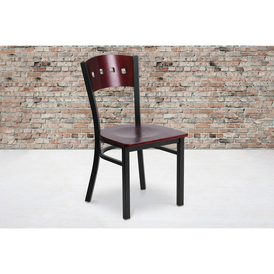 BLNK - HERCULES Series Black Metal 4 Square Back Restaurant Chair with Mahogany Wood Back and Seat