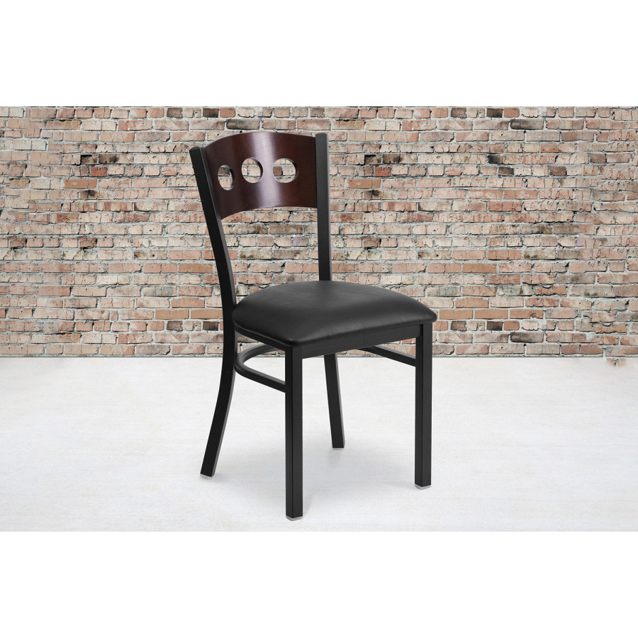 BLNK HERCULES Series Black Metal 3 Circle Back Restaurant Chair with Walnut Wood Back and Vinyl Seat - Black