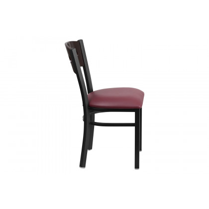 BLNK HERCULES Series Black Metal 3 Circle Back Restaurant Chair with Walnut Wood Back and Vinyl Seat - Burgundy