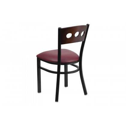 BLNK HERCULES Series Black Metal 3 Circle Back Restaurant Chair with Walnut Wood Back and Vinyl Seat - Burgundy