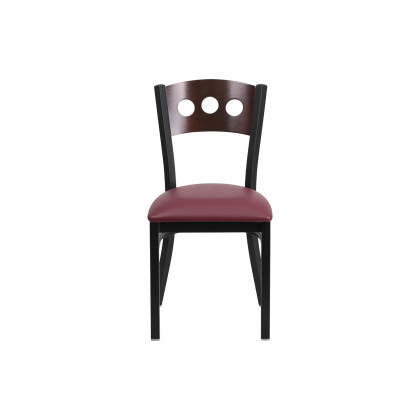BLNK HERCULES Series Black Metal 3 Circle Back Restaurant Chair with Walnut Wood Back and Vinyl Seat - Burgundy