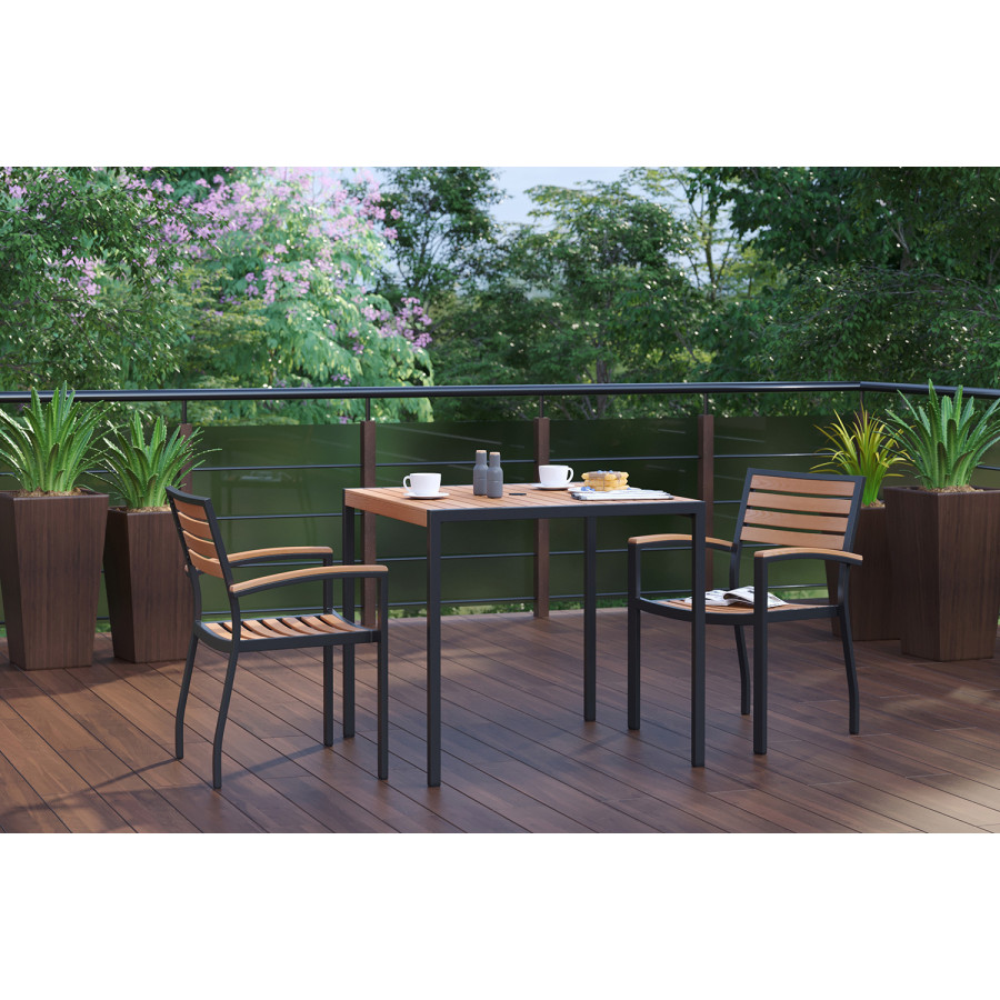 BLNK - Lark Outdoor Dining Table Set with Synthetic Teak Poly Slats, 35" Square Steel Framed Table with Umbrella Hole and 2 Club Chairs