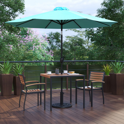 BLNK - Lark Outdoor Patio Table Set with 2 Synthetic Teak Stackable Chairs, 35" Square Table, Teal Umbrella and Base