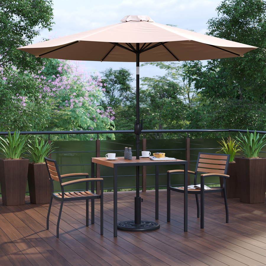BLNK Lark Outdoor Patio Table Set with 2 Synthetic Teak Stackable Chairs, Square Table, Umbrella and Base - Tan