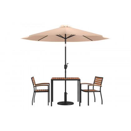 BLNK Lark Outdoor Patio Table Set with 2 Synthetic Teak Stackable Chairs, Square Table, Umbrella and Base - Tan