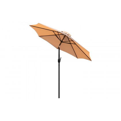 BLNK Lark Outdoor Patio Table Set with 2 Synthetic Teak Stackable Chairs, Square Table, Umbrella and Base - Tan