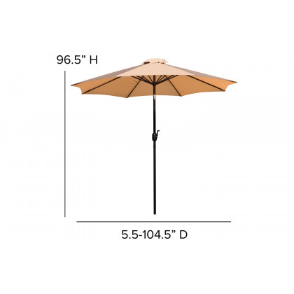BLNK Lark Outdoor Patio Table Set with 2 Synthetic Teak Stackable Chairs, Square Table, Umbrella and Base - Tan