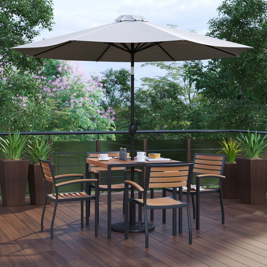 BLNK Lark Outdoor Patio Table Set with 4 Synthetic Teak Stackable Chairs, Square Table, Umbrella and Base - Gray